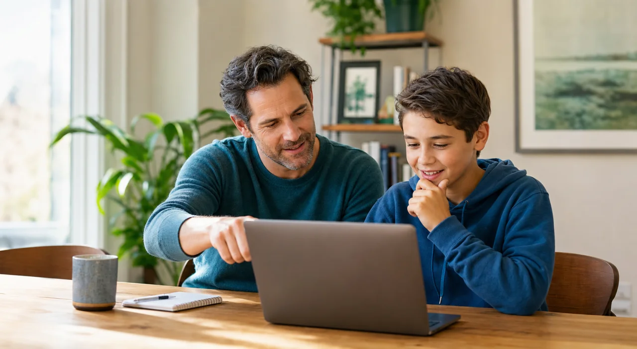 A parent and child working through a lesson together on a laptop