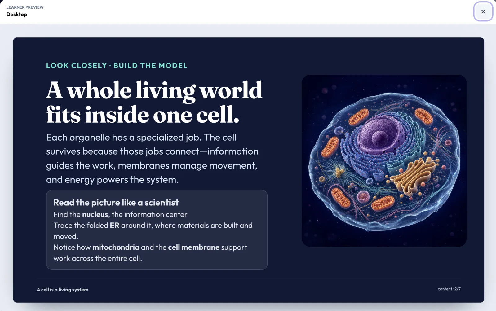 Kepler cell systems lesson showing a detailed animal cell and how its organelles work together